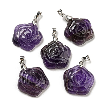 Natural Amethyst Carved Pendants, Flower Charms with Rack Plating Platinum Plated Brass Pinch Bails, 30x22.5x7.5mm, Hole: 4.5x4mm