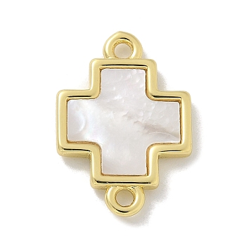 Brass Pave Shell Connector Charms, Real 18K Gold Plated, Cross, 18.5x13x2mm, Hole: 1.6mm