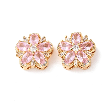 Brass Micro Pave Cubic Zirconia Beads, with Glass, Flower, Nickel Free, Real 18K Gold Plated, Pearl Pink, 16.5x7.5mm, Hole: 1.4mm