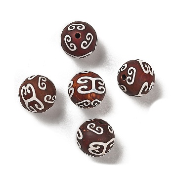 Tibetan Style dZi Beads, Natural Agate Beads, Dyed & Heated, Round, Brown, Auspicious Cloud Pattern, 14mm, Hole: 1.6mm