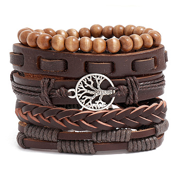 5Pcs 5 Style PU Leather Cord Bracelets Set, Tree of Life Alloy Links & Wood Beaded Stackable Bracelets, Saddle Brown, Inner Diameter: 2-1/2 inch(6.5cm), 1Pc/style