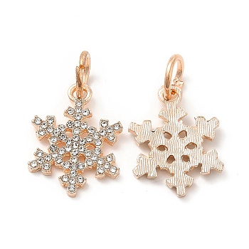 Rack Plating Alloy Crystal Rhinestone Pendants, with Jump Rings, Snowflake Charms, Rose Gold, 20.5x15.5x2mm, Hole: 6mm
