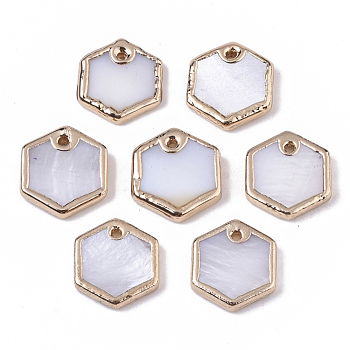 Natural Freshwater Shell Charms, Brass Edge Golden Plated, Hexagon, Seashell Color, 9~10x8~9x1.5~3mm, Hole: 0.7mm
