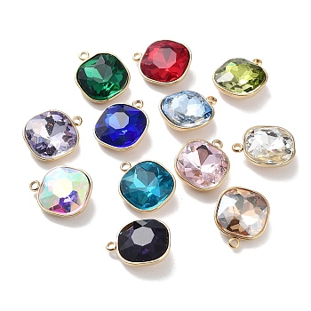 Faceted Glass Pendants, with Ion Plating(IP) Golden 304 Stainless Steel Findings, Mixed Color, Square, 16x13.5x5.5mm, Hole: 1.6mm