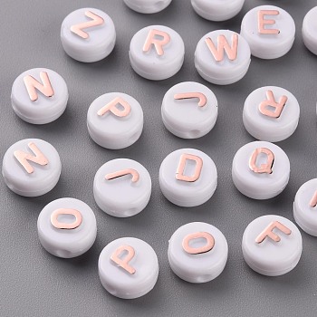 Opaque White Acrylic Beads, with Glitter Powder, Horizontal Hole, Flat Round with Random Letters, Dark Salmon, 10x6mm, Hole: 2mm, about 1560pcs/500g