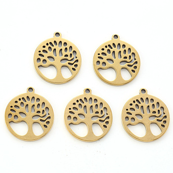 304 Stainless Steel Pendants, Laser Cut, Oval with Tree of Life, Golden, 15.5x14x1mm, Hole: 1.2mm