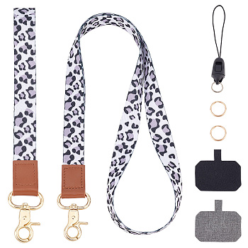 Leopard Print Pattern Adjustable Mobile Phone Lanyard, Cute Polyester Shoulder Neck Strap, Wrist Strap and 2 Phone Tether Pad, Key Rings and Detachable Mobile Phone Strap, White, 512x20x1mm