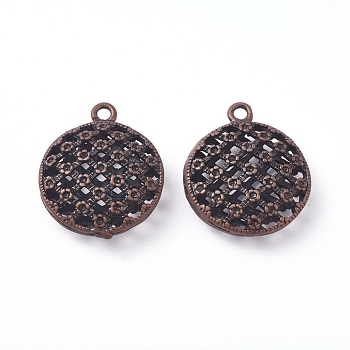 Brass Pendant Rhinestone Settings, Hollow, Flat Round, Red Copper, Fit For 1mm Rhinestone, 22x18.5x6.5mm, Hole: 1.8mm