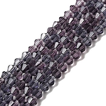 Purple Glass Bicone Beads Strands, Faceted, 4x4mm, Hole: 1mm, about 88~89pcs/strand, 12.99~13.39 inch