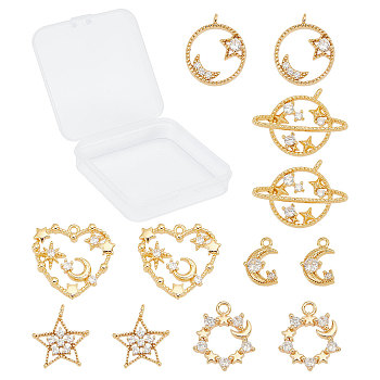 SUNNYCLUE 12Pcs 6 Styles Brass Cubic Zirconia Charms, Mixed Shapes, Real 18K Gold Plated, 2pcs/styles