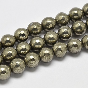 Natural Pyrite Round Beads Strands, Faceted(128 Facets), Grade A, 10mm, Hole: 1mm, about 40pcs/strand, 16 inch