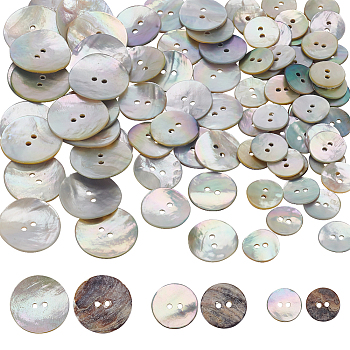 Elite 3 Style Natural Akoya Shell Buttons, 2-hole, Flat Round, Seashell Color, 15~25.5x1.4~2.5mm, 100pcs/box