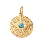 304 Stainless Steel & Synthetic Turquoise Pendants, Flat Round with Sun Ray Charms, Golden, 17.5x15x4mm, Hole: 4mm(FIND-T075-01G)