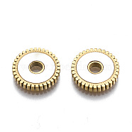 304 Stainless Steel Spacer Beads, with Shell, Flat Round with Gead Edge, Seashell Color, Real 14K Gold Plated, 12x2mm, Hole: 2.5mm(STAS-S116-330G)