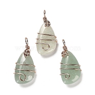 Natural Green Aventurine Pendants, Rack Plating Brass Wire Wrapped Gems Teardrop Charms, Cadmium Free & Lead Free, Rose Gold, 37~40x19~19.5x9.5~10mm, Hole: 4.5~5mm(G-F763-03RG-04)