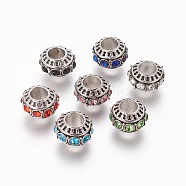 Tibetan Style Alloy European Beads, with Rhinestone, Large Hole Beads, Rondelle, Mixed Color, 10~11x7mm, Hole: 5mm(PALLOY-F224-16AS)