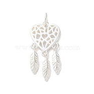 925 Sterling Silver Pendants, Woven Web/Net with Feather Charms with Jump Rings, Silver Color, Heart, 25.5x12.5x1.4mm, Hole: 3.2mm(STER-E071-03S-01)