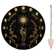 AHADEMAKER DIY Wiccan Altar Supplies Kits, with Cone Natural Rose Quartz Pendants, 304 Stainless Steel Cable Chain Necklaces and Wood Pendulum Board, Sun Pattern, 3pcs/set(AJEW-GA0004-66E)