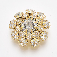 Golden Plated Brass Shank Buttons, with Rhinestone, 1-Hole, Flower, Crystal, 22x22x9mm, Hole: 1.2mm(RB-S066-09G-08)
