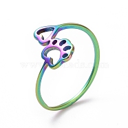 Ion Plating(IP) 201 Stainless Steel Paw Print and Heart Finger Ring, Hollow Wide Ring for Women, Rainbow Color, US Size 6 1/2(16.9mm)(RJEW-J051-27MC)