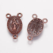 Tibetan Style Alloy Chandelier Component Links, 3 Loop Connectors, Rosary Center Pieces, Oval with Virgin Mary, Red Copper, 16.5x10x1mm, Hole: 1.5mm(A-PALLOY-F173-11R)