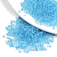 8/0 Glass Seed Beads, Transparent Inside Colours, Round Hole, Round, Deep Sky Blue, 8/0, 3~4x2~3mm, Hole: 0.8mm, about 3333pcs/100g(X1-SEED-A014-3mm-133B)