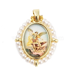 Rack Plating Brass Enamel Pendants, with Plastic Imitation Pearl, Long-Lasting Plated, Cadmium Free & Lead Free, Real 18K Gold Plated, Oval with Virgin Mary Charm, Yellow, 28x22.5x6mm, Hole: 4.5x3.5mm(KK-C056-07G-05)