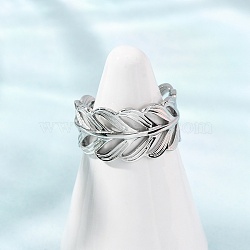 304 Stainless Steel Cuff Open Rings, Feather, Stainless Steel Color, 11mm, US Size 7 1/4(17.5mm)(RJEW-P191-01P)