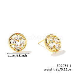 Shiny and Simple Brass Stud Earrings, with Rhinestones, Golden, Flat Round, 13mm(QJ1197-2)