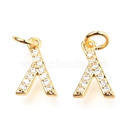 Brass Micro Pave Cubic Zirconia Charms, with Jump Rings, Greek Alphabet, Real 18k Gold Plated, Letter.L, 11.5x2x1.7mm, jump ring: 4.9x0.85mm, Hole: 3mm(ZIRC-O037-01G)