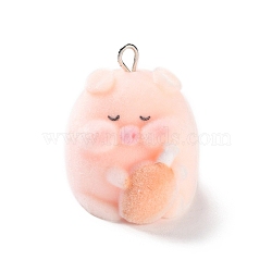 Flocking Resin Cute Pendants, Pig Charms with Platinum Plated Iron Loops, PeachPuff, 28x25x31.5mm, Hole: 2x4.5mm(RESI-A040-02B)