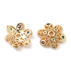 Brass Micro Pave Colorful Cubic Zirconia Bead Caps, Flower, Real 18K Gold Plated, 10x9x3mm, Hole: 1.4mm(KK-F860-78G)