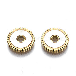 304 Stainless Steel Spacer Beads, with Shell, Flat Round with Gead Edge, Seashell Color, Real 14K Gold Plated, 12x2mm, Hole: 2.5mm(STAS-S116-330G)