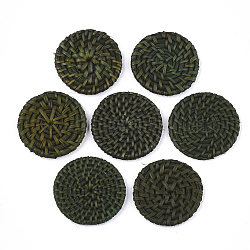 Handmade Reed Cane/Rattan Woven Beads, For Making Straw Earrings and Necklaces, No Hole/Undrilled, Dyed, Flat Round, Dark Olive Green, 38~50x4~6mm(X-WOVE-T006-128D)