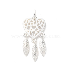 925 Sterling Silver Pendants, Woven Web/Net with Feather Charms with Jump Rings, Silver Color, Heart, 25.5x12.5x1.4mm, Hole: 3.2mm(STER-E071-03S-01)