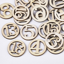 Laser Cut Wood Shapes, Unfinished Wooden Embellishments, Wooden Cabochons, Circle with Random Numbers, PapayaWhip, 25x2.5mm(X-WOOD-T011-38)
