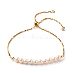Natural Pearl Beads Slider Bracelets, with Vacuum Plating 304 Stainless Steel Venetian Chains/Box Chains, White, Inner Diameter: 5/8 inch(1.5cm)(BJEW-JB06572)