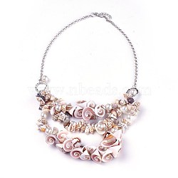 Shell Bib Statement Necklaces, with Acrylic Imitation Pearl and Iron Rolo Chains, Platinum, 21.8 inch(55.5cm)(X-NJEW-WH0004-01P)