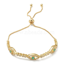 Horse Eye Cubic Zirconia Slider Bracelet, Real 18K Gold Plated Brass Adjustable Bracelet for Women, Green, Inner Diameter: 1-1/8~2 7/8 inch(3~7.3cm)(BJEW-SZ0002-08B)