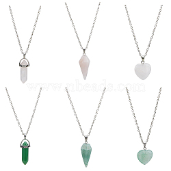 6Pcs 6 Styles Natural Rose Quartz & Green Aventurine Pendant Necklaces Set with Alloy Chains, Heart & Cone & Bullet, 18.31~18.70 inch(46.5~47.5cm), 1Pc/style(NJEW-FI0001-13)