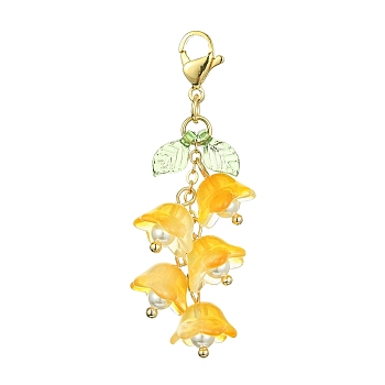 Glass & Acrylic Pendant Decorations, with 304 Stainless Steel Lobster Claw Clasps, Flower & Leaf, Gold, 52.5mm