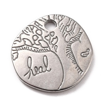 304 Stainless Steel Pendants, Textured, Flat Round with Tree, Stainless Steel Color, 16x16x2mm, Hole: 2mm