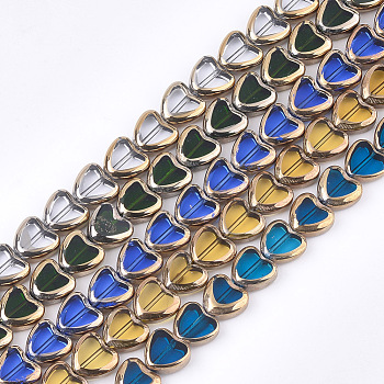 Electroplate Glass Beads Strands, Edge Plated, Heart, Mixed Color, 10x10x4mm, Hole: 1mm, about 30pcs/strand, 11.4 inch
