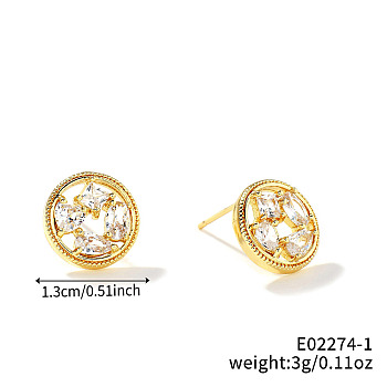 Shiny and Simple Brass Stud Earrings, with Rhinestones, Golden, Flat Round, 13mm