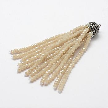 Electroplate Glass Bead Tassel Big Pendants, with Brass Rhinestone Findings, Old Lace, 76x10.8mm, Hole: 2.5mm