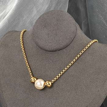 304 Stainless Steel Box Chain Necklaces for Women, with Plastic Imitation Pearl Beads, Ion Plating(IP), Golden, 18.98 inch(48.2cm)