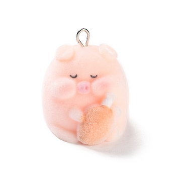 Flocking Resin Cute Pendants, Pig Charms with Platinum Plated Iron Loops, PeachPuff, 28x25x31.5mm, Hole: 2x4.5mm