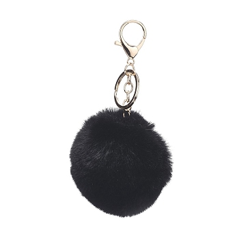 Pom Pom Ball Keychain, with Alloy Lobster Claw Clasps and Iron Key Ring, for Bag Decoration,  Keychain Gift and Phone Backpack , Light Gold, Black, 138mm