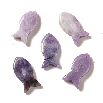 Natural Lepidolite Pendants, Fish Charms, 39x20x7~7.5mm, Hole: 2.3mm