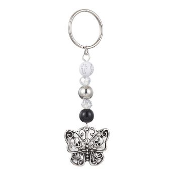 Alloy Pendant Keychain, with Iron Split Key Rings and Acrylic Beads, Butterfly, 7.9cm